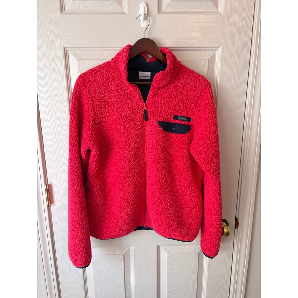 Columbia Fleece Jacket Womens L Red Sherpa Full Zip Outdoor Hiking Cozy